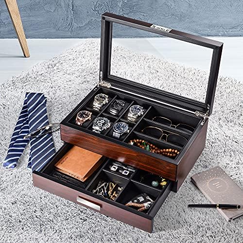 Wooden Watch Box for Men, Watch Display Storage Box Holder, Double Layer Box with Glass Lid, Luxury Case Organizer for Sunglasses, Jewellery, Necklaces, Rings, Ties
