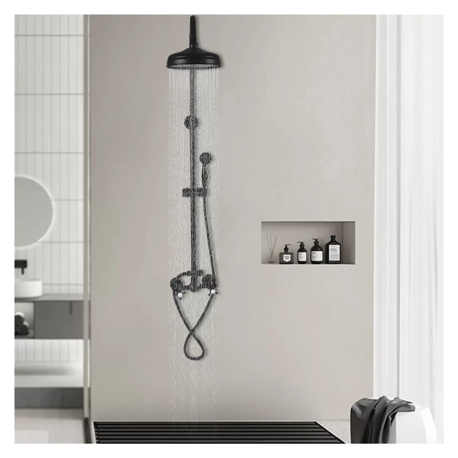 Manguera De Ducha Juego de grifo ducha pared 59", mano con perillas dobles, cabezal lluvia combinado, accesorios expuestos