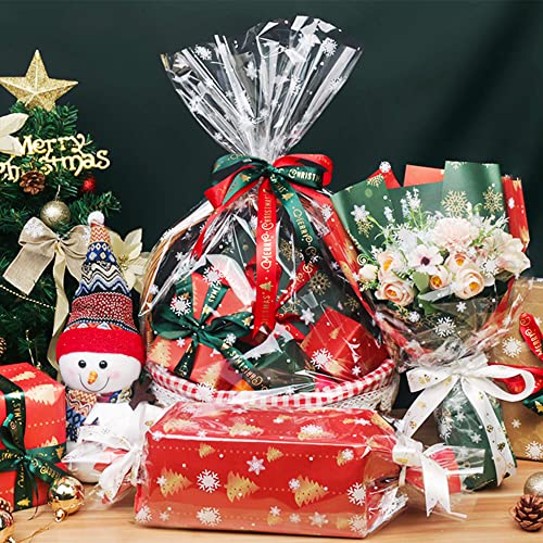 Image of 31.5 in X 100 ft Christmas Cellophane Wrap Roll - 3 Mil Thicken Snowflake Clear Cellophane Wrap Roll for Gift Baskets, Clear Cellophane Bags Large for Christmas Gift Baskets(31.5 inch fold into 16 inch)