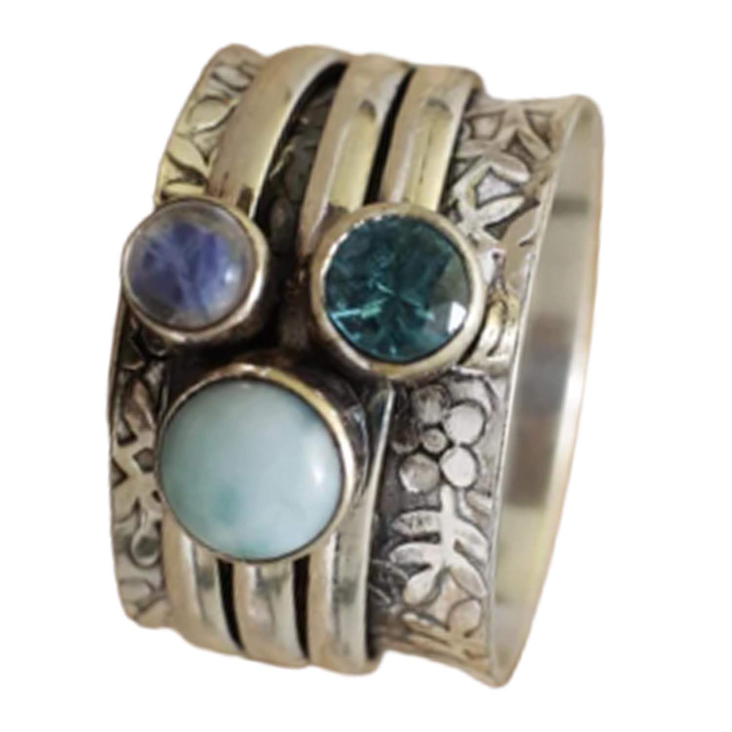 Larimar, blauer Topas und Mondstein mit mehreren Edelsteinen, einzigartiger Spinner-Ring, Spinning-Ring für Frauen, Angst-Spin-Ring, Fidget-Ring, Meditationsring, Geburtsstein-Ring