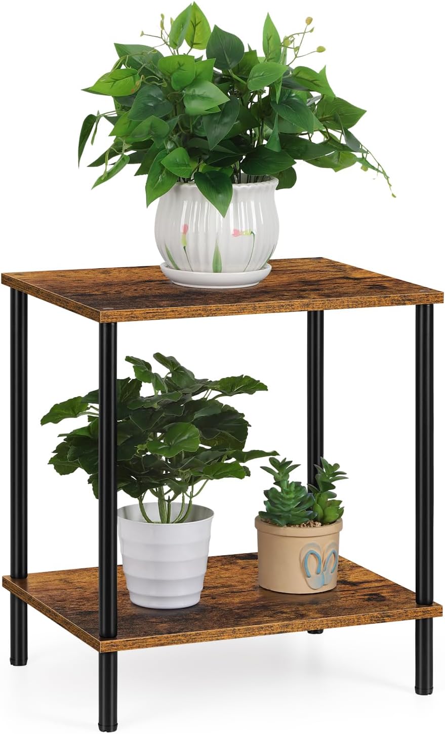 Small End Table 2 Tier Wood Metal Rustic Side Table Living Room with Storage Shelf Narrow Bedside Table for Small Spaces Bedroom Office, Brown