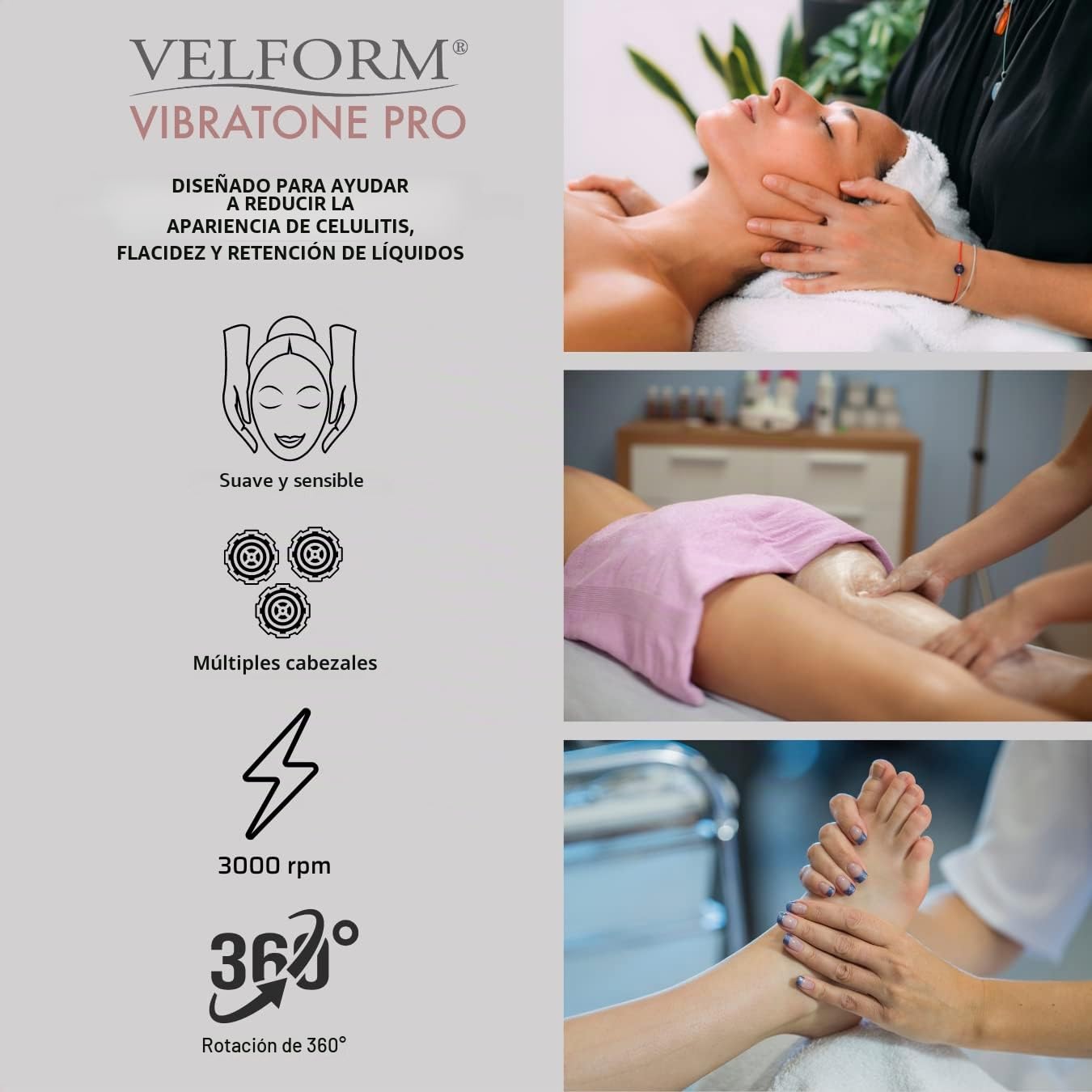 VELFORM Masajeador Anticelulítico Eléctrico Vibratone Pro, 3000RPM, Masaje anticelulítico adelgazante, Piel más firme, Tonifica y relaja a la vez, Versatil, Libera tensión, 3 tipos de masajes