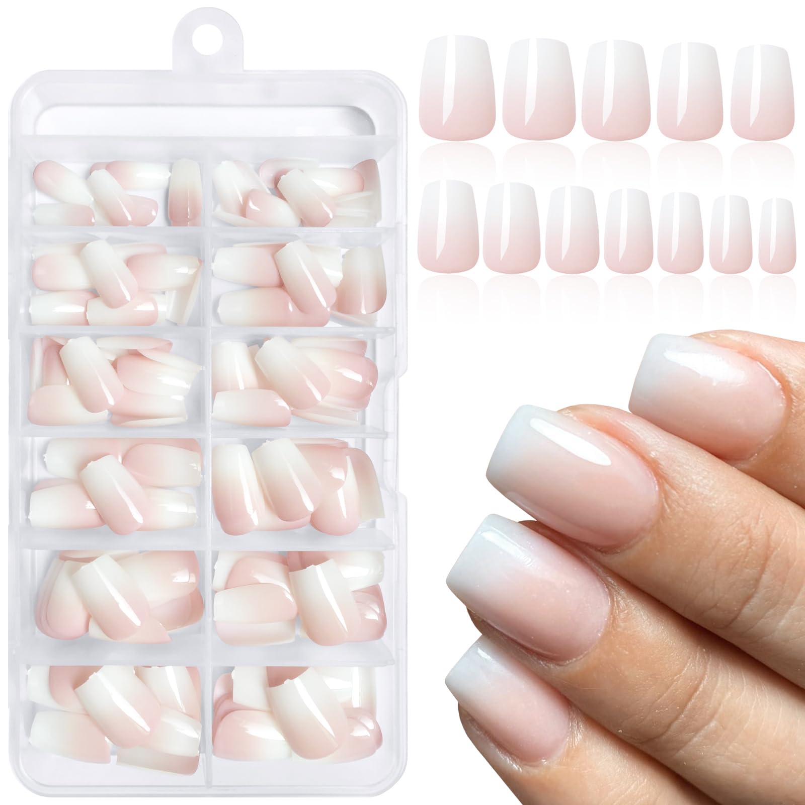 Loveourhome 144pc Ombre Coffin Press on Nails Short Fake Nails Pink White Glue on Nail Ombre Acrylic Nails Press on Nails Short False Nail Women