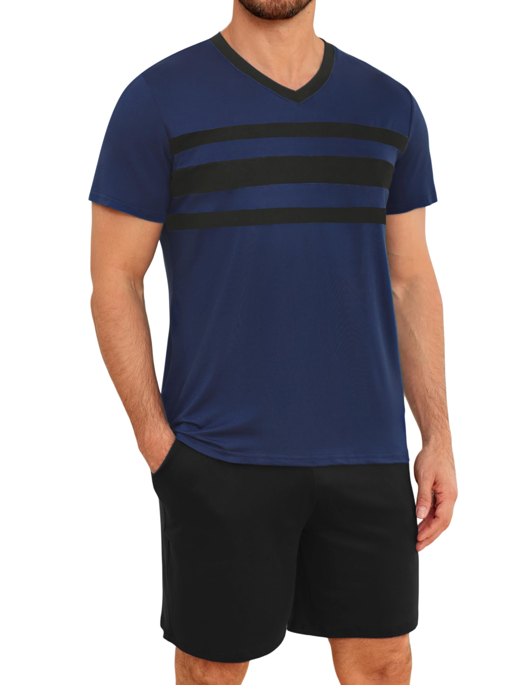 Marvmys Schlafanzug Herren Kurz Baumwolle Sommer Gestreifter Schlafanzug Zweiteilige Kurzarm Rundhalsausschnitt T-Shirt Und Shorts S-3XL