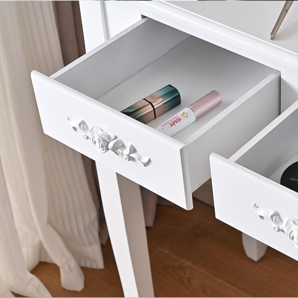 Shally Dogan Toeletta Trucco con Sgabello Modello Elena con 10 Lampade Led, Specchiera con Tavolo e Cassetti in Legno Bianco, Seduta Comoda Imbottita, Specchio Postazione Make Up, Luce Fredda e Calda