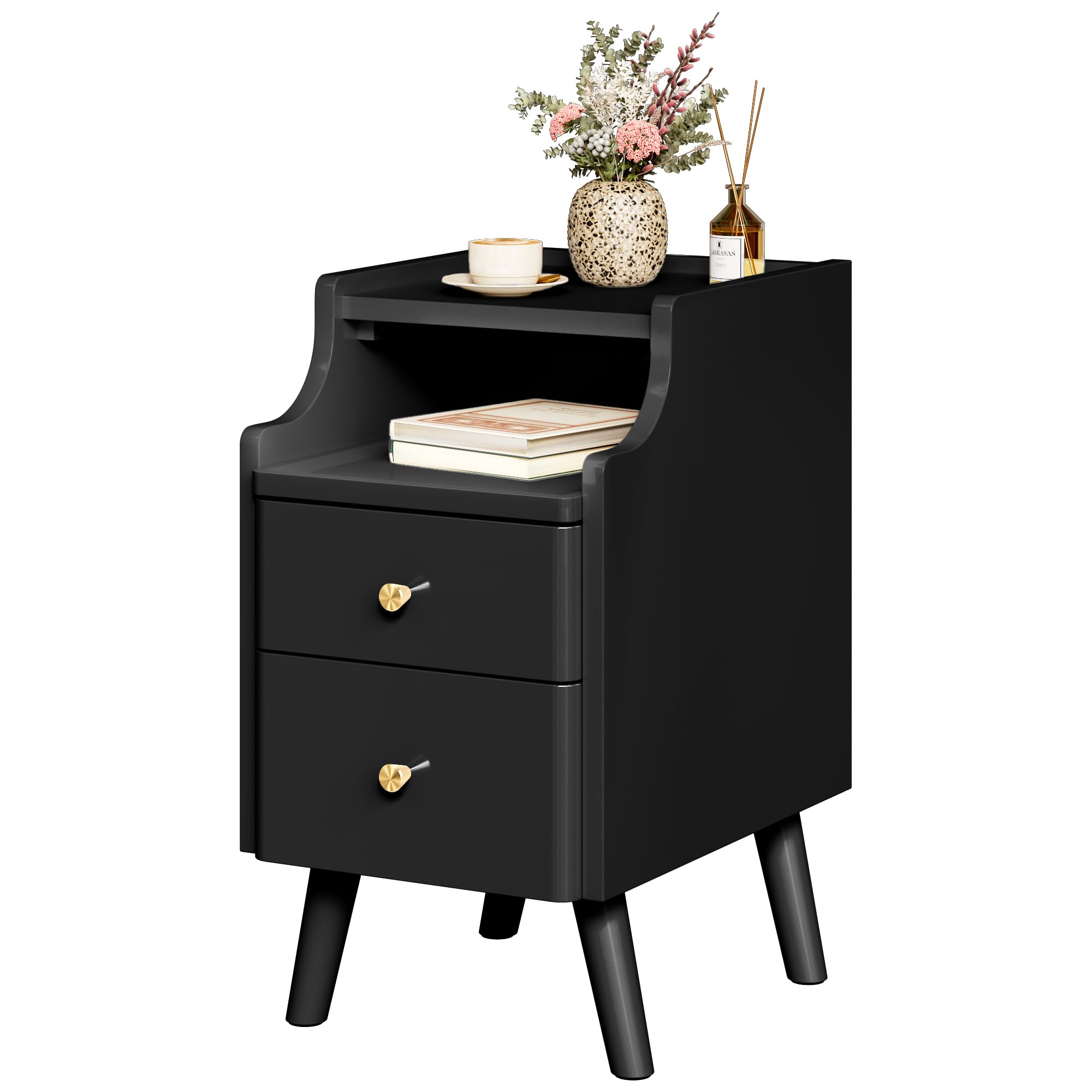 Narrow Nightstand, Solid Wood Night Stand with 2 Drawers, White Mid Century Modern Nightstand, Small Beside Table with Open Storage Shelf for Bedroom（