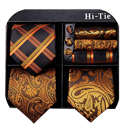Image of Hi-Tie 3 Pcs Gift Box Mens Tie Set Necktie with Pocket Square Cufflinks Lapel Pin Silk Neck Tie Collection