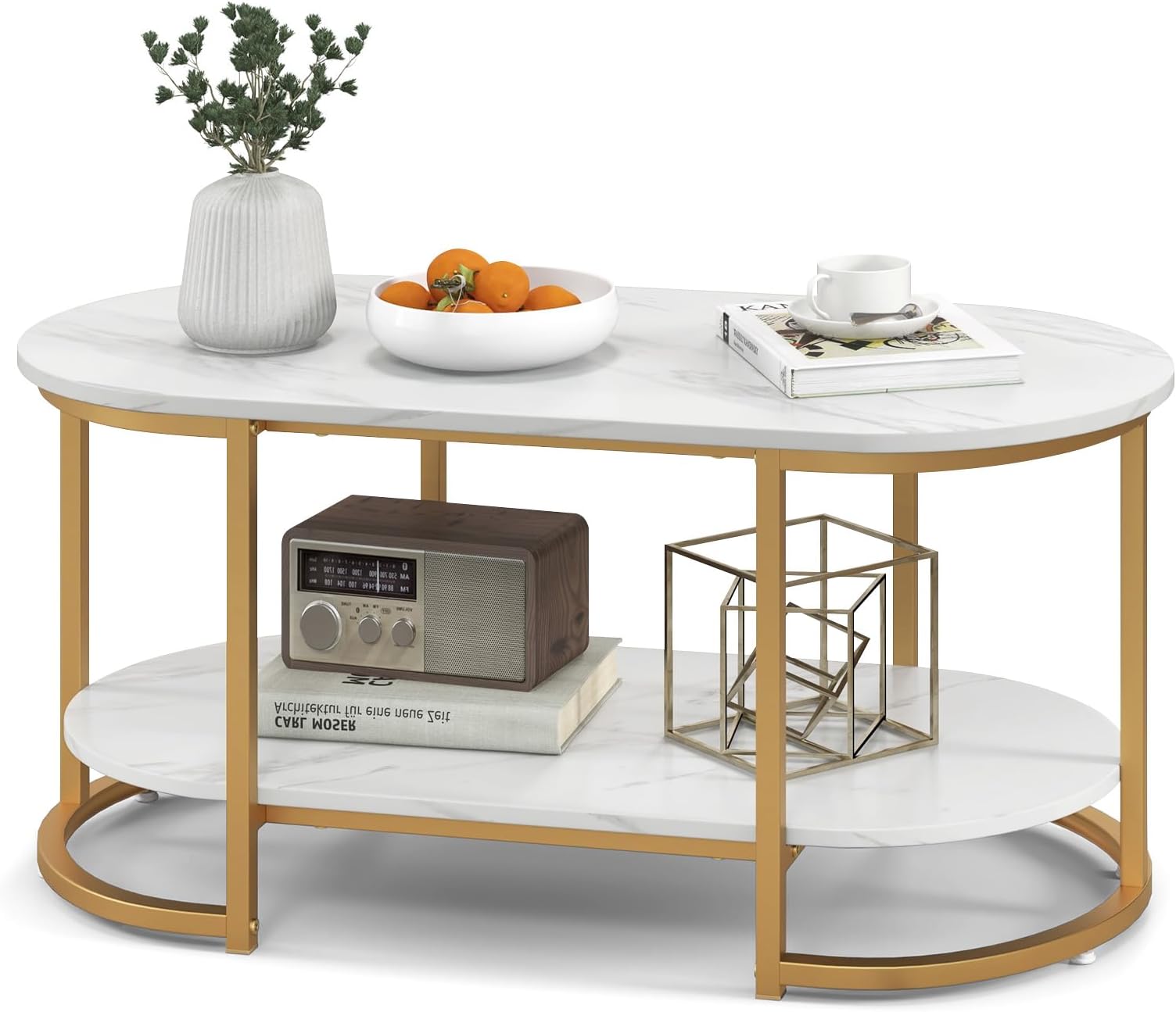 Giantex White Marble Coffee Table - Modern 2-Tier Center Table w/Open Storage Shelf, Oval Accent Table w/Faux Marble Veneer & Gold Finished Metal Frame for Living Room, Bedroom