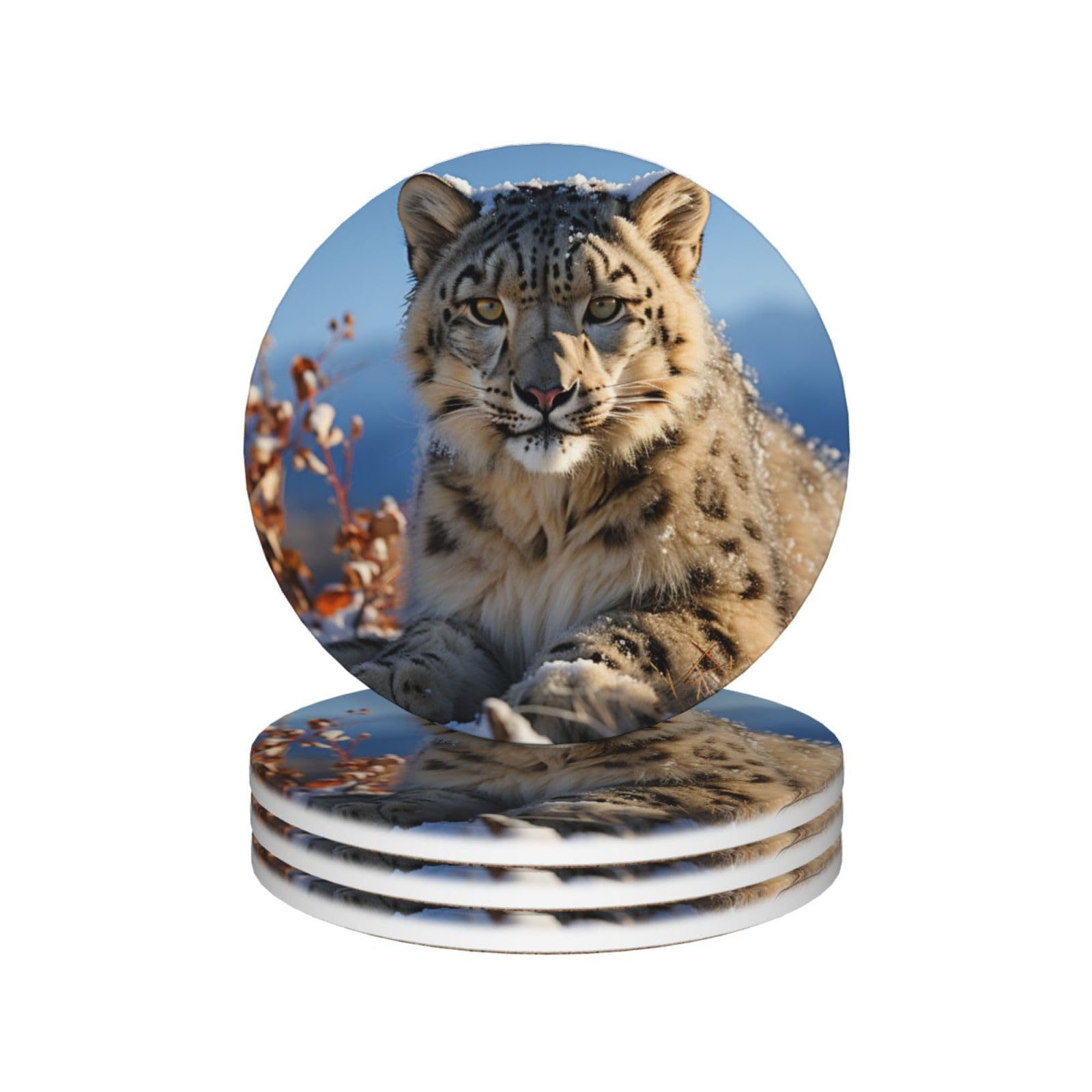 Drink Coasters Set of 4 Ceramic Coaster Snow Leopard Coasters for Drinks Cups Mugs Mat Pads Absorbent Non-Slip Decorative Cup Coaster for Coffee Table Kitchen Bar Home Decor