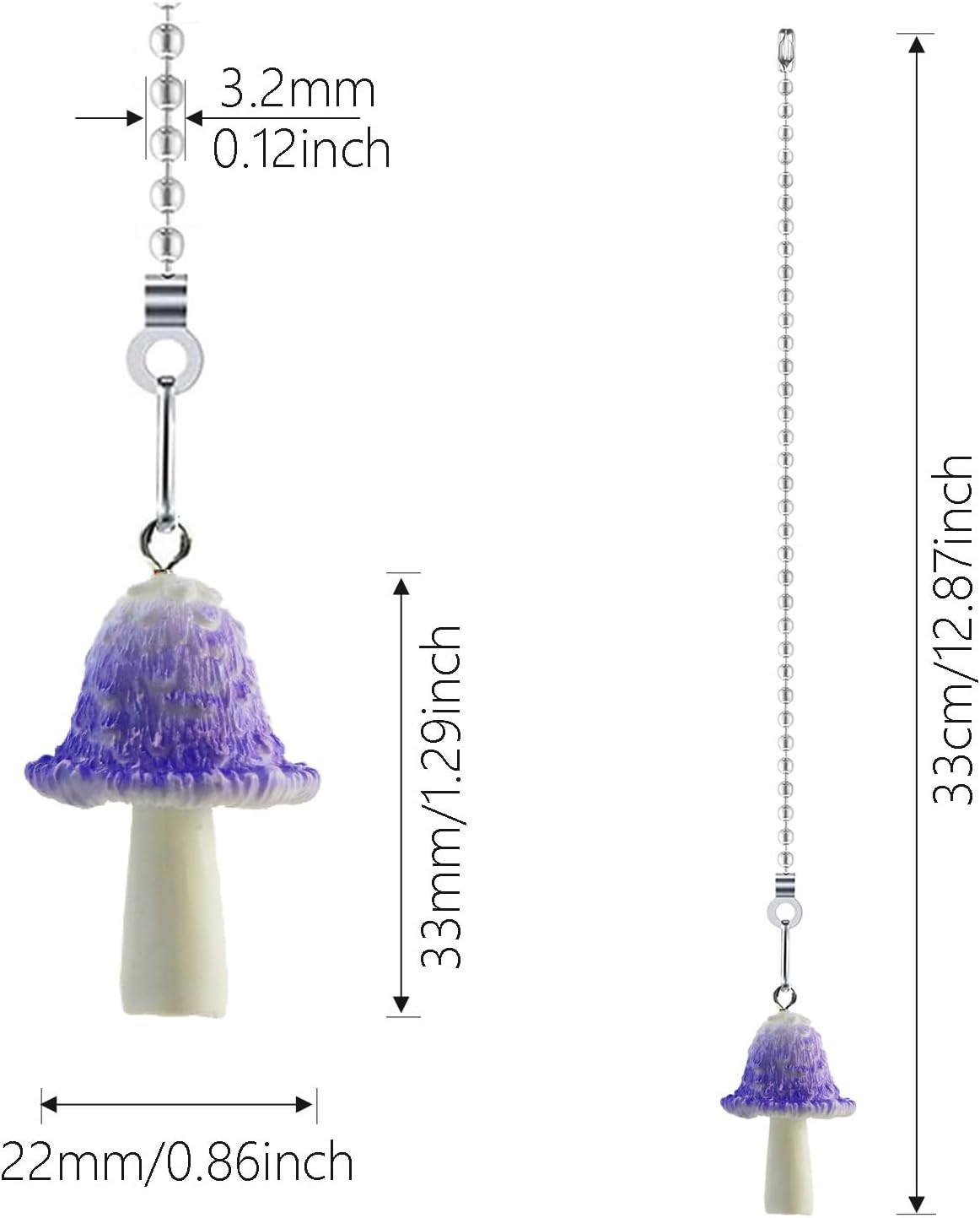 Ceiling Fan Pull Chain Extender - 12" Mushroom Pull Chain with Ball Connector, Decorative Fan Chain Pulls for Ceiling Fan Lights (Purple & White)