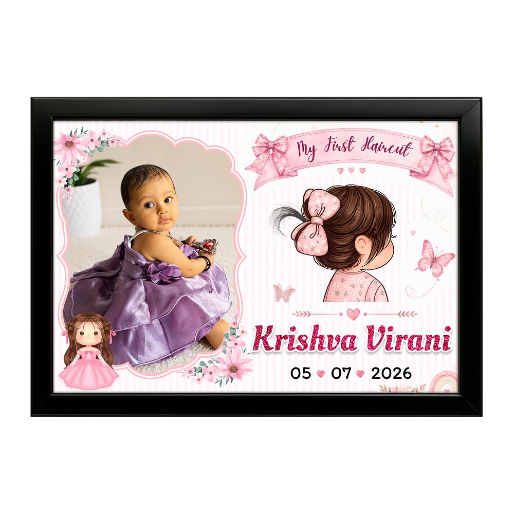Personalized Baby Girl First Haircut Frame | Custom Name & Date Keepsake | Mundan Ceremony Gift (Pink, Butterfly Theme)-image-48