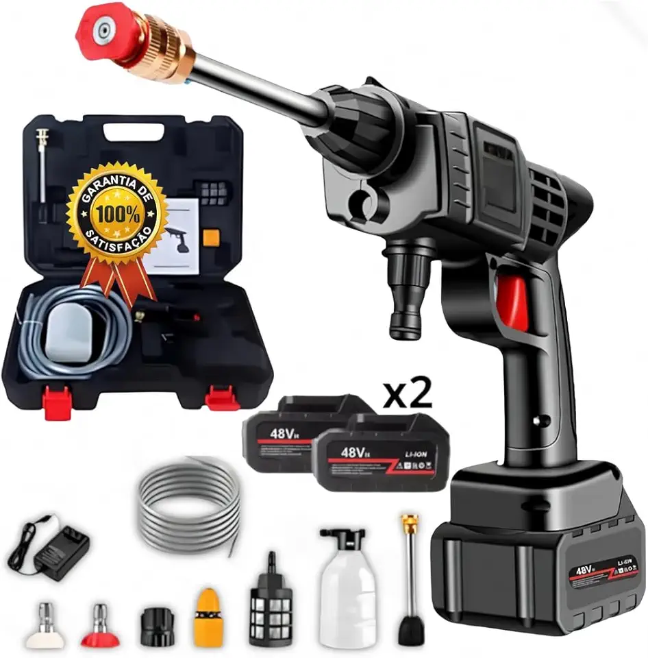 Lavadora de Alta Pressão Vap Portátil 48V Recarregável, Acompanha 2 Baterias de Íon de Lítio e Maleta – Uso Doméstico e Automotivo – Bivolt