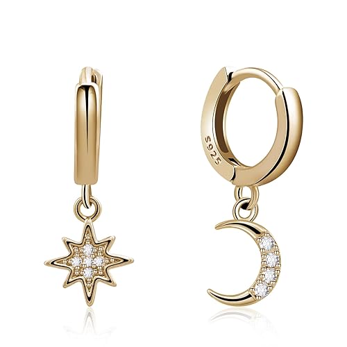Gold Moon and Star Earrings Huggie Hoop Earrings 925 Sterling Silver Hoop Earrings Handmade Drop Dangle Earrings for Women Girls - Gold