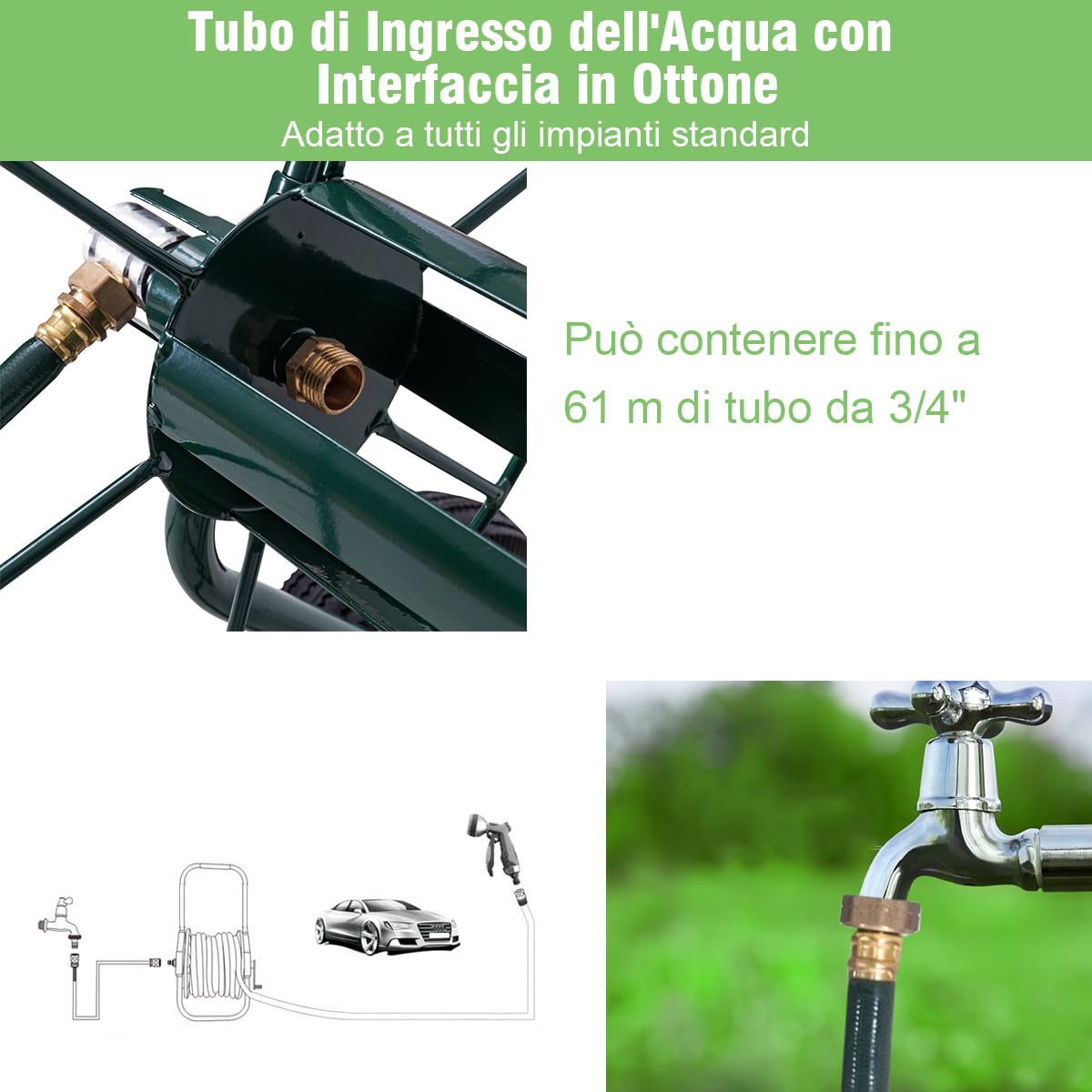 COSTWAY Carrello Avvolgitubo da Giardino, Carrello per Tubo di Irrigazione in Metallo con 2 Ruote Pneumatiche di Grandi Dimensioni, per Giardino e Cortile, 71 x 53 x 96,5 cm