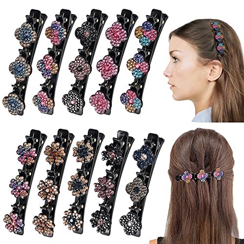 10PCS Sparkling Crystal Stone Braided Hair Clips, Satin Fabric Hair Bands, Four-Leaf Clover Chopped Hairpin Duckbill Clip, Braided Hair Clip with Rhinestones For Women/Girls