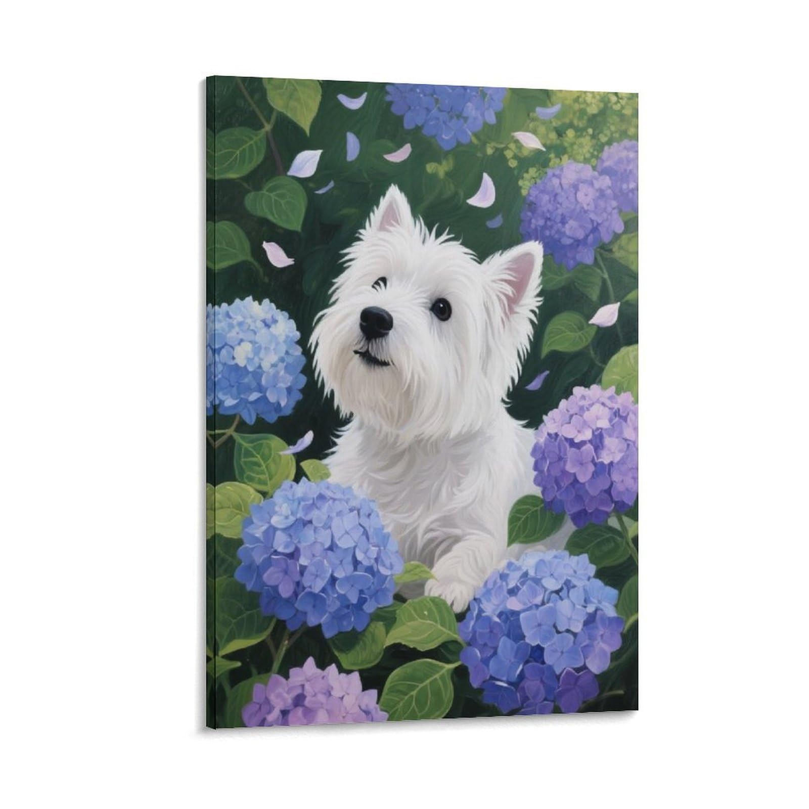 EMYXPAQM Westie Canvas Wall Art Westie Hydrangea Canvas Prints Artwork for Living Room And Bedroom Decor Gift 16x24inch(40x60cm)