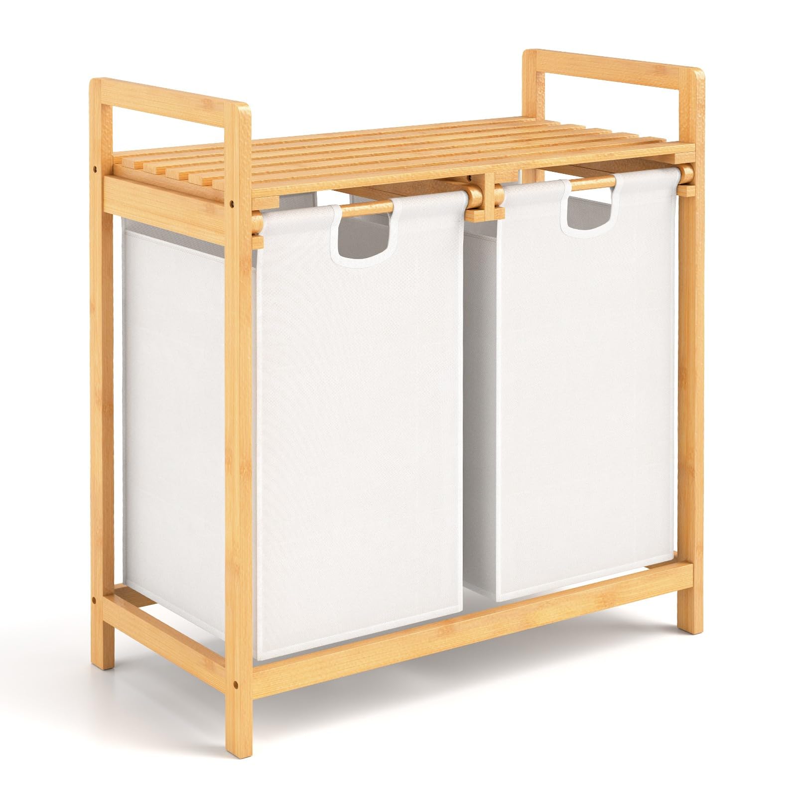 LIFEZEAL 70L Cesto Biancheria Sporca a 2 Scomparti, Mobile Portabiancheria in Bambù, Cesto Estraibile, con Sacco Rimovibile, Lavabile, Piano Portaoggetti, Lavanderia, Bagno, 63x33x73cm, bianco