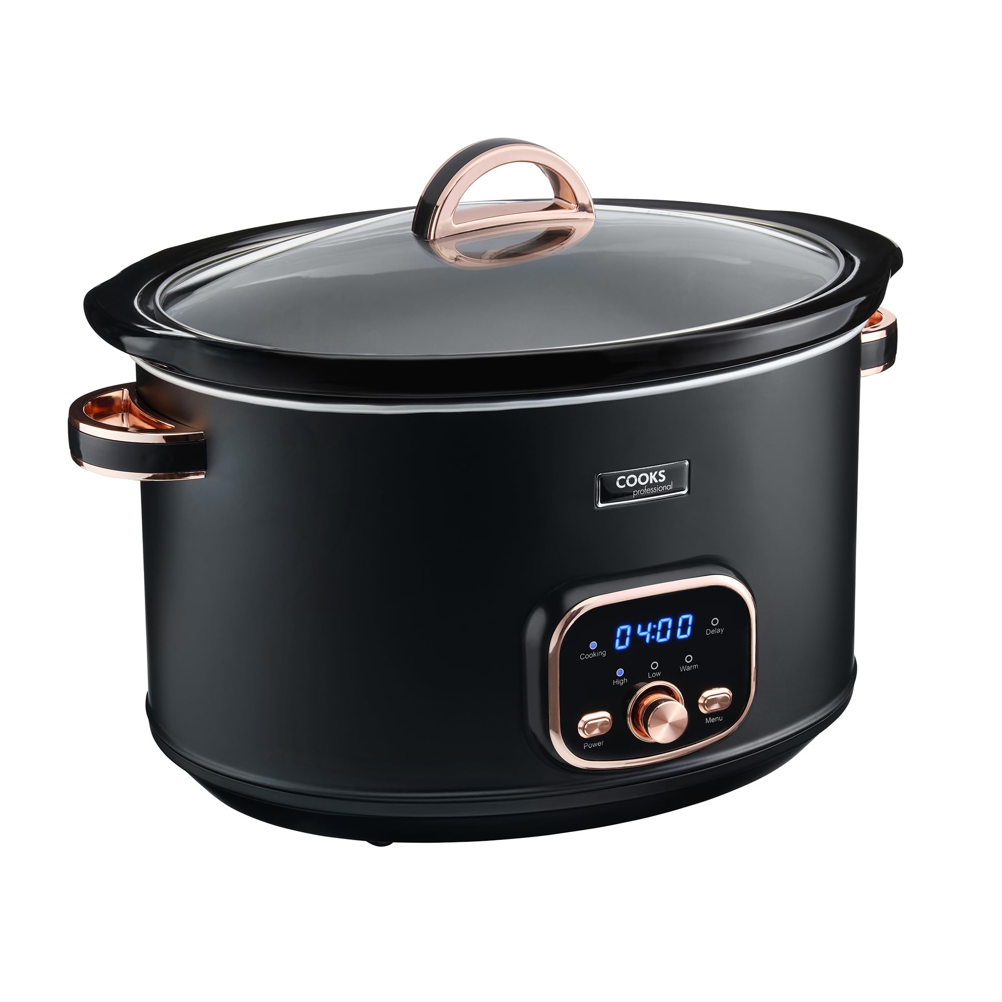 Cooks Professional Digital Slow Cooker 8L with Glass Lid, Cool Touch Handles, Dishwasher Safe Bowl, 2 Heat Settings & Keep Warm & Delay Functions | X-Large One Pot Cooking Machine | Black & Rose Gold