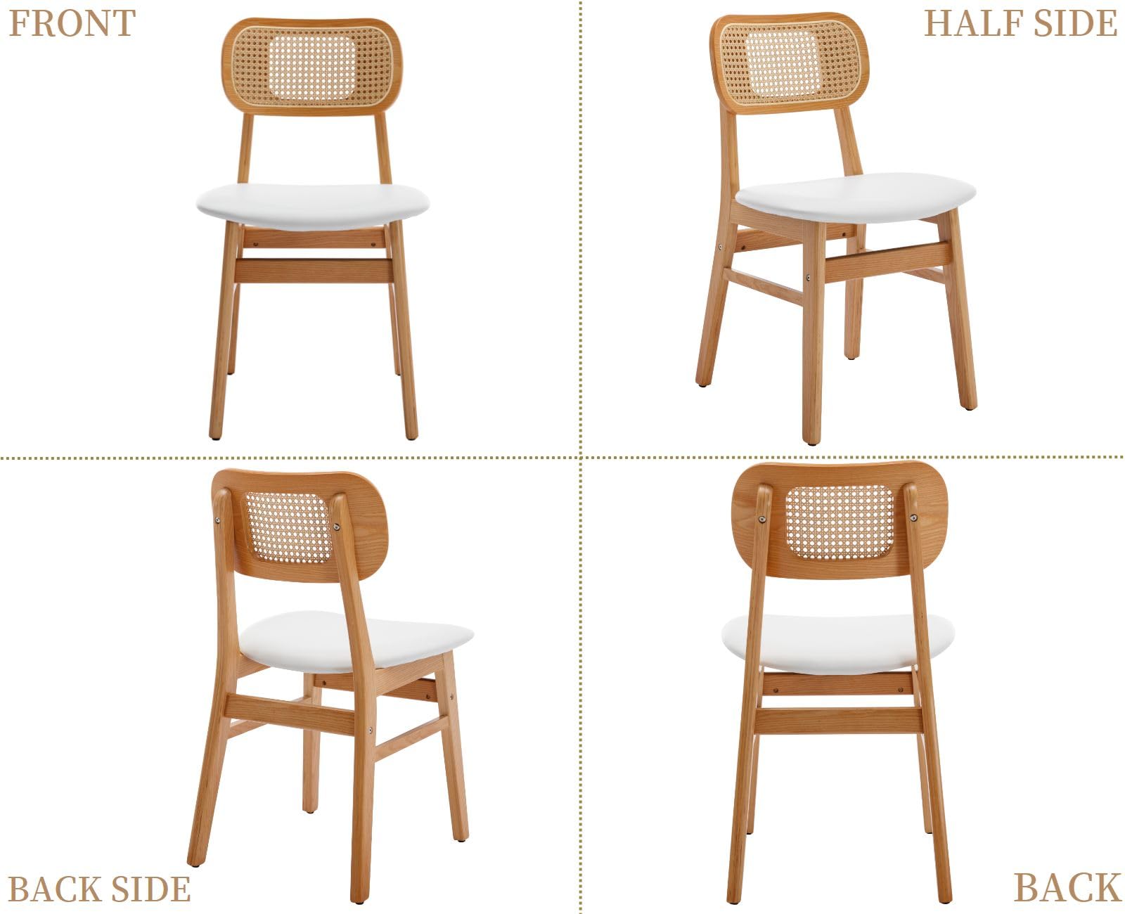 Ya-Home Lot de 2 Chaise de Salle à Manger en Rotin,Chaise de Cuisine,Blanc | Cuir PU avec Coussin et Dossier Confortable,Cadre en Boise,Fauteuil Rembourré,pour Cuisine/Restaurant