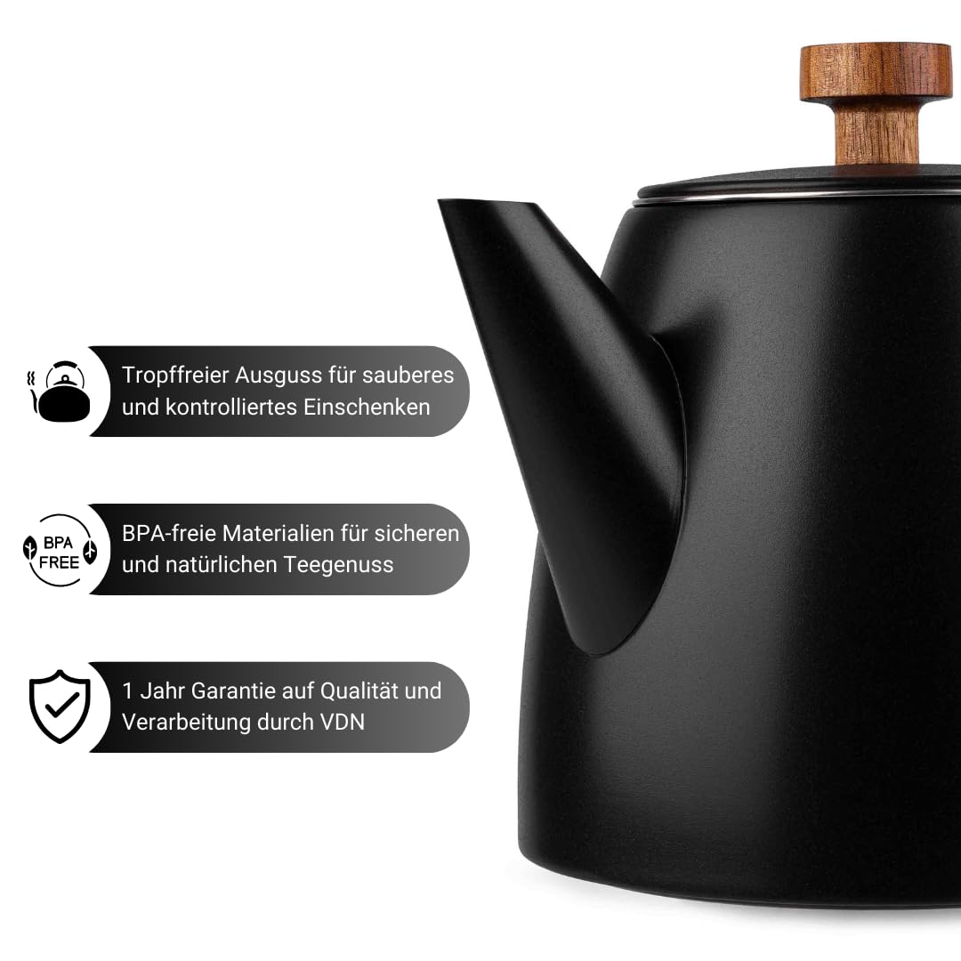 VDN Teekanne mit Siebeinsatz - Teapot [1L, 5-6 Tassen] - Teekanne Thermo, Edelstahl [Doppelwandig, bis zu 1h warm] - Teebereiter [für losen Tee, Ingwer & Kräutermischungen] - 802