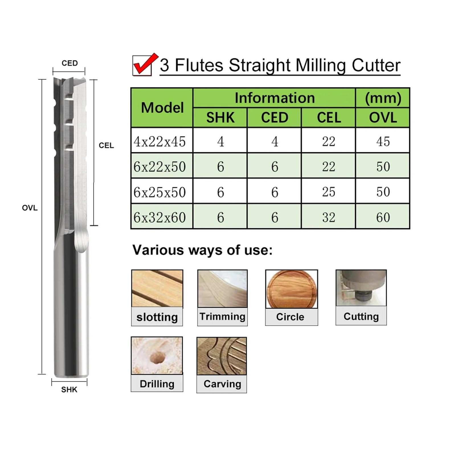 1 Szt. 3-ostrzowy Frez Prosty 4mm 6mm 8mm Równoległy Bit Z Węglika Spiekanego Narzędzie Do Obróbki Drewna Router