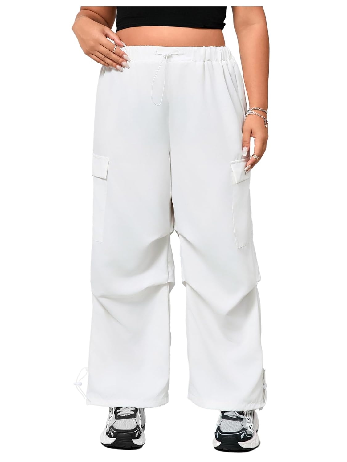 OYOANGLE Womens Plus Size Parachute Pants Elastic Drawstring Waist Wide Leg Cargo Pants Ruched Joggers