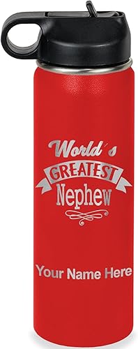 Miniatura 48 de LaserGram Botella de agua con tapa abatible de doble pared de 20 onzas con popote, sobrino más grande del mundo, grabado personalizado incluido
