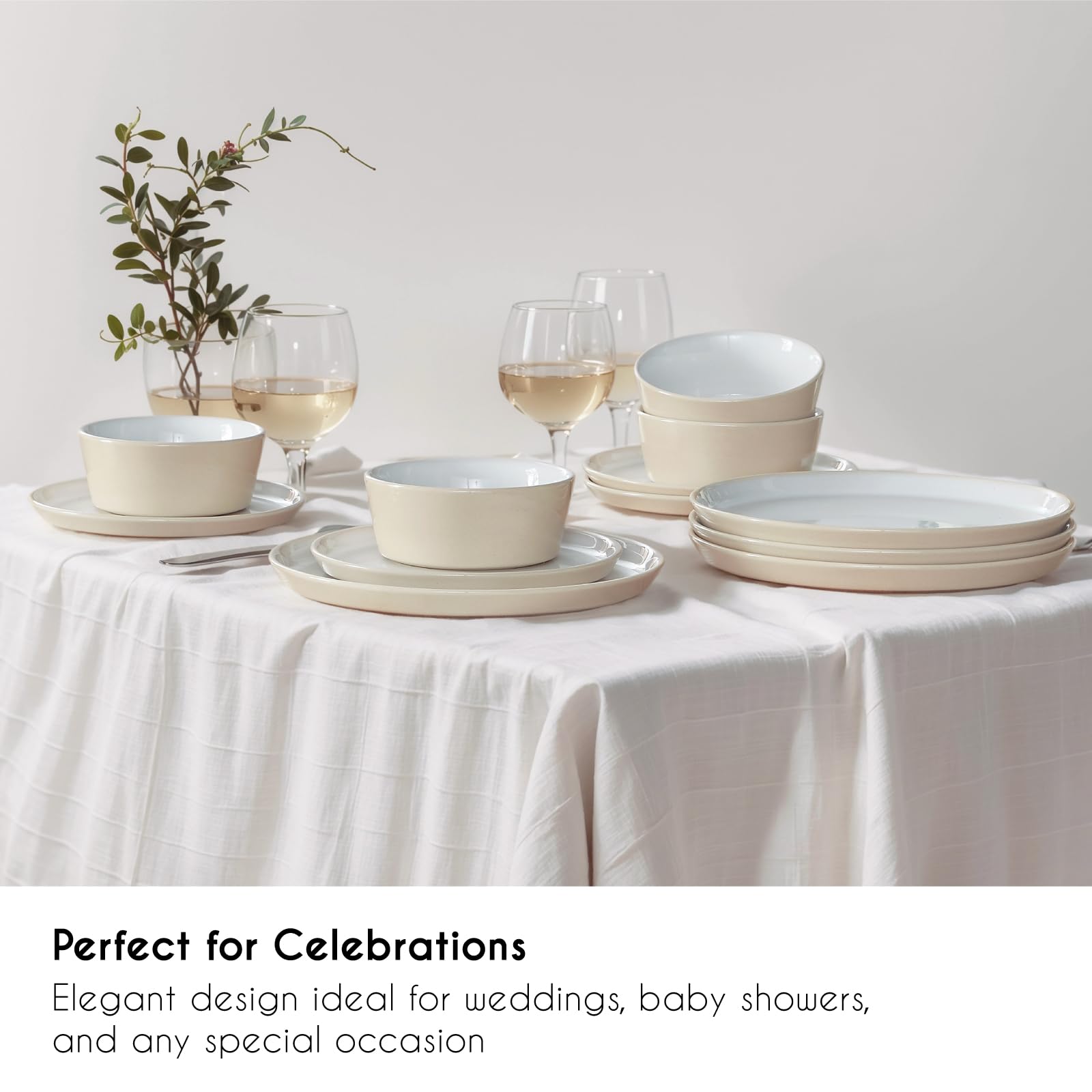 Porcelanowy serwis obiadowy dla 4 osób, 12 sztuk, rustykalny i nowoczesny design, 4 talerze obiadowe, 4 talerze deserowe, 4 miski na płatki, można myć w zmywarce, jasny beż