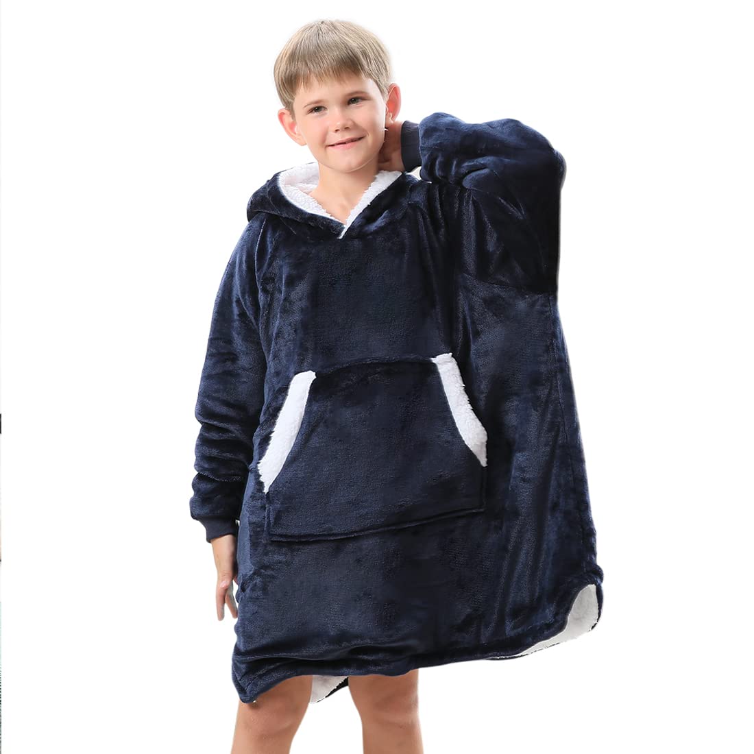 Reepow Wearable Hoodie Blanket Sweatshirt Gifts - Oversized Hooded, Large Pocket, Elastic Cuff, Reversible - Fluffy and Warm Original Oversized Hoodie for Kids - Navy Blue