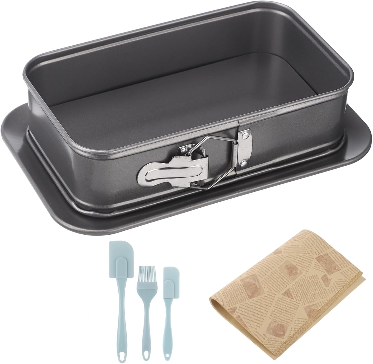Rectangular Springform Cake Pan, Carbon Steel Non-Stick Baking Pan with Removable Base, Includes 50 Baking Paper and 3 Cake Tools for Cheesecake, Lasagna, Mousse