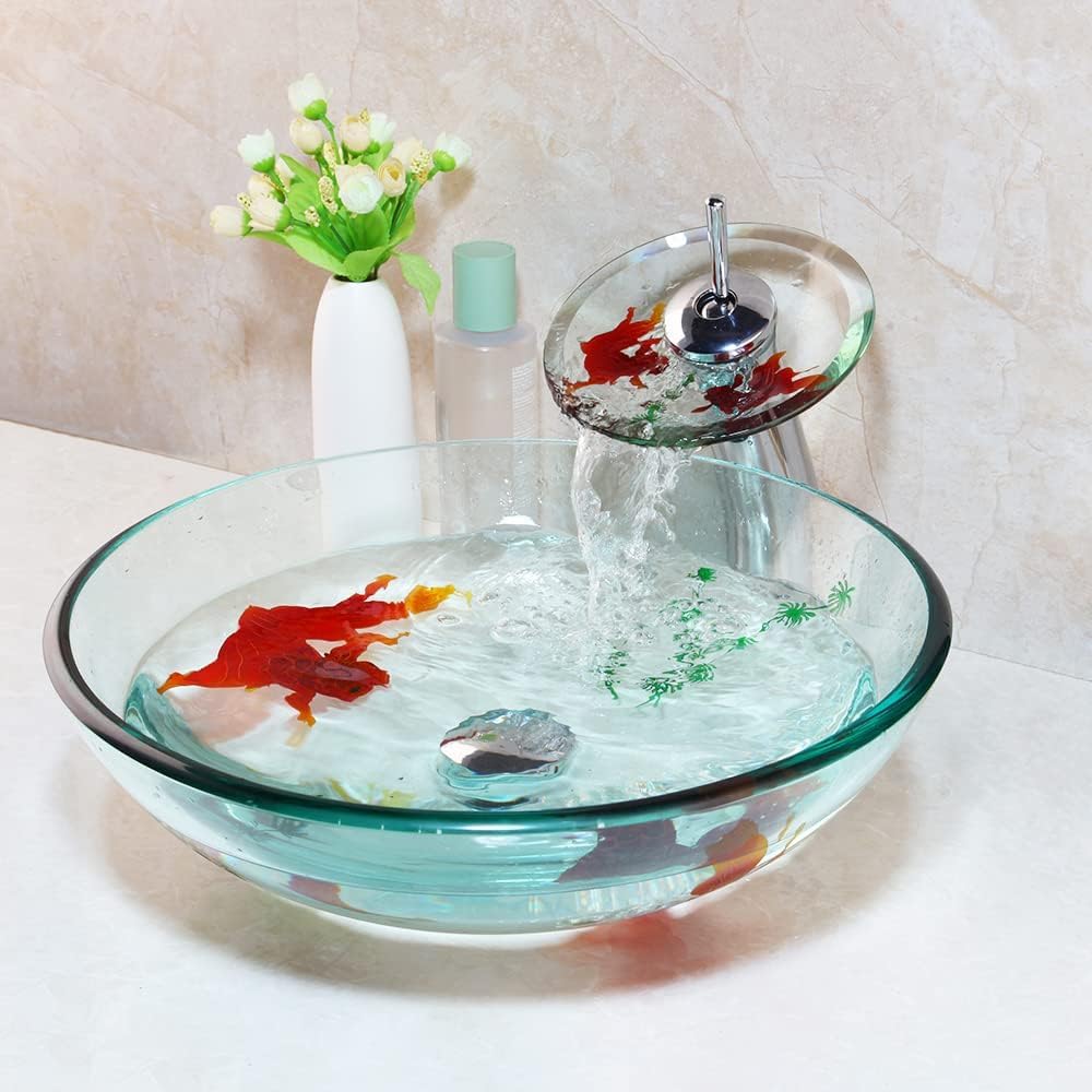 Bathroom Art Hand Painting Gold Fish Glass Basin Vanity Vessel Sink Bowl Tap+Waterfall Faucet kit,bathroom sink vanity
