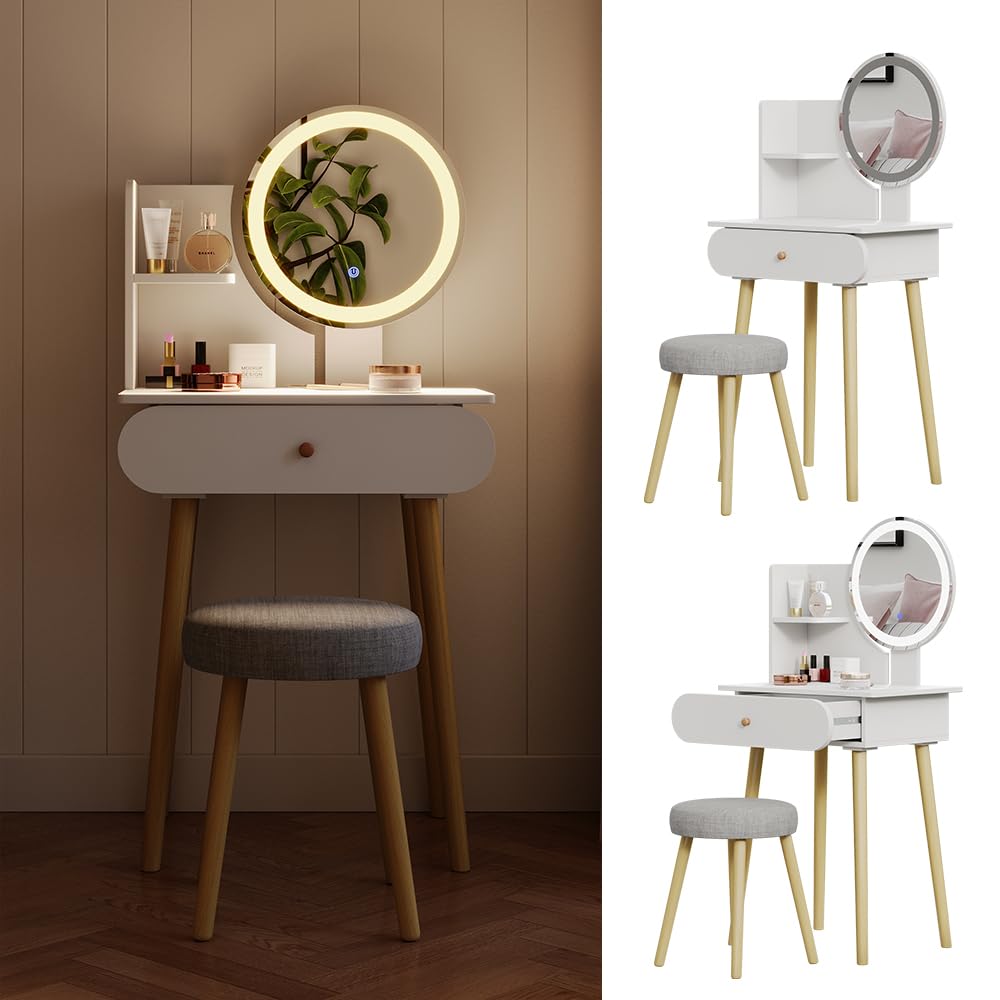Vicco Tavolino da toilette Edda, Bianco, 60 cm con specchio LED e sgabello, con specchio LED rotondo e sgabello coordinato