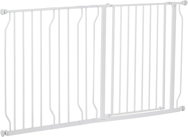 PawHut Dog Gate Extra Wide Stair Gate w/ Door Pressure Fit Pets Barrier for Doorway, Hallway, 76H x 75-145Wcm - White