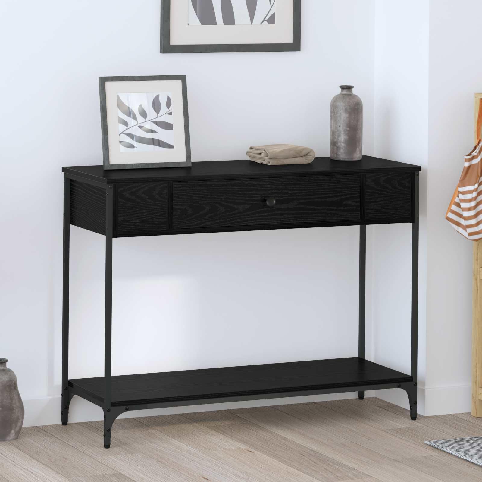 Stolik konsolowy, czarny, imitacja dębu, 100 x 34,5 x 75 cm, materiał drewnopochodny z szufladą i regałem, stabilny stolik pomocniczy do salonu, korytarza, sypialni