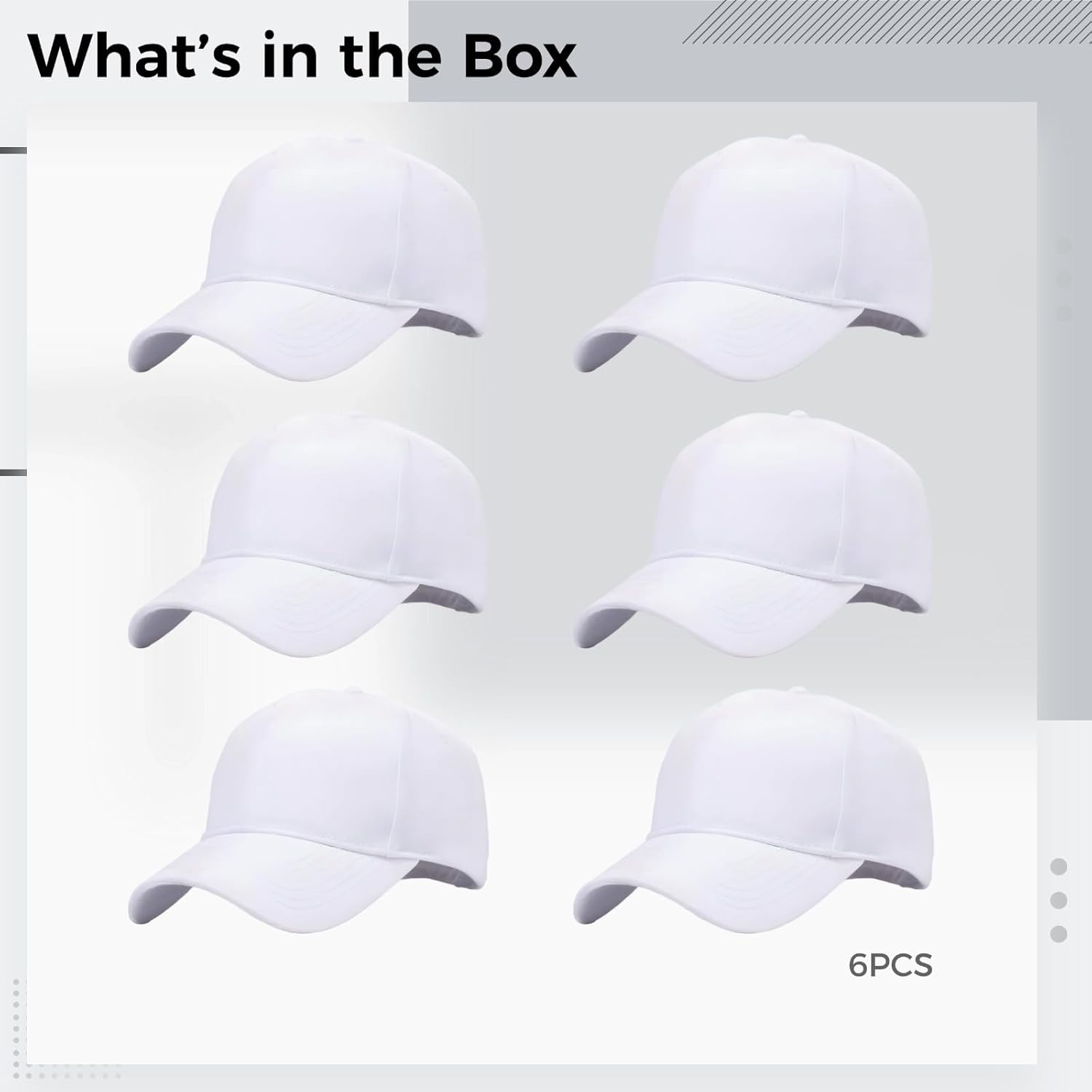 Plain White Cotton Baseball Caps, 6 Pieces, Adjustable