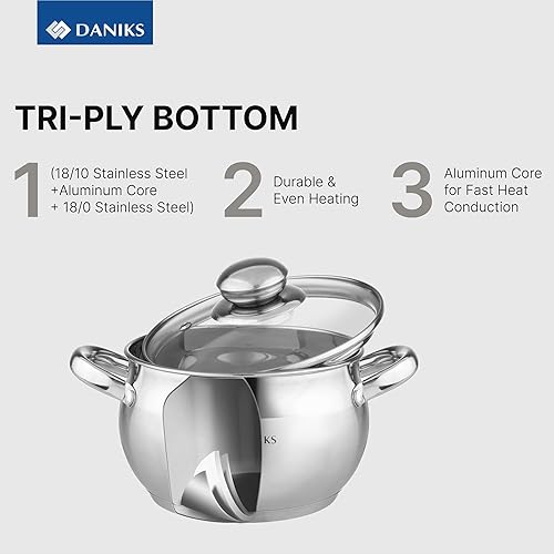 Miniatura 6 de Daniks Juego clásico de utensilios de cocina de acero inoxidable de 12 piezas con cacerola y sartén, tapas de vidrio, compatible con inducción, apto