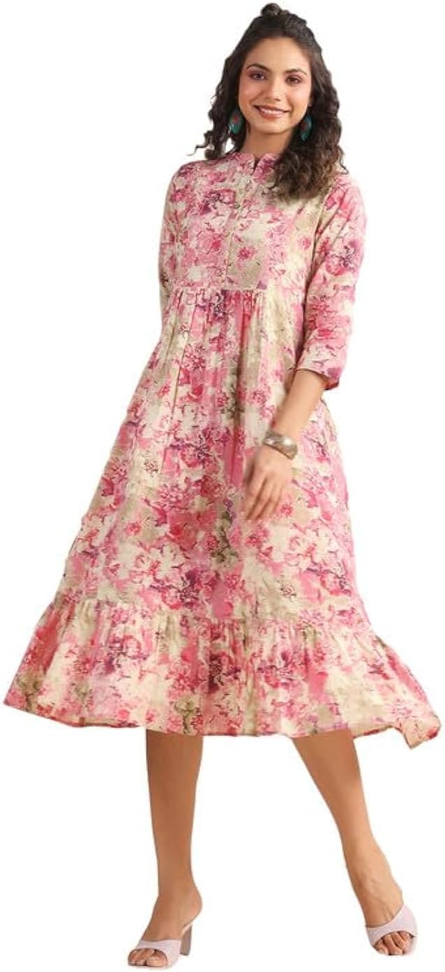 Janasya womens Janasya Indian Women's Pink Cotton Abstract Gathered Dress Modern (pack of 1)