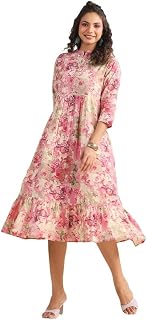 Janasya Women's Cotton Pink Abstract Print Casual Wear Summer Dress for Women
