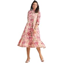 Janasya Womens Cotton Pink Abstract Print Casual Wear Summer Dress for Women