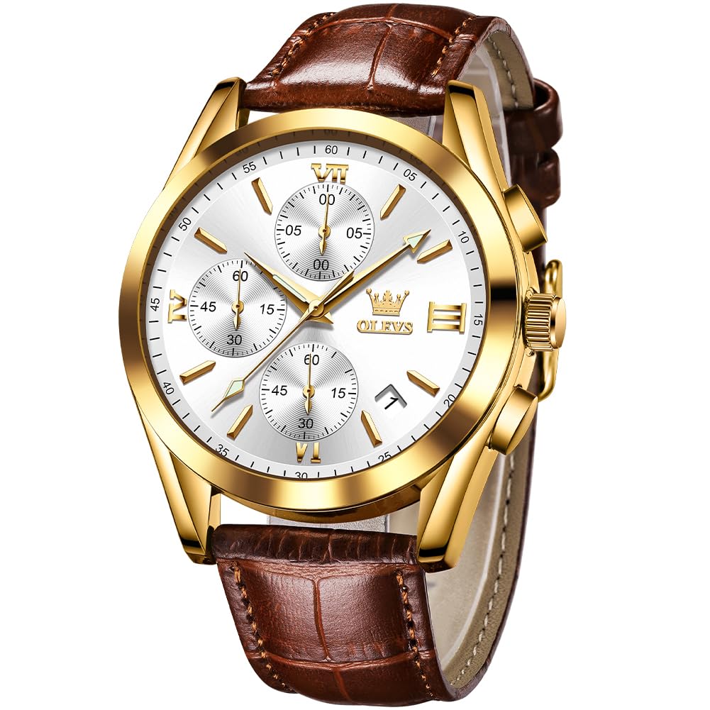 OLEVSWatches for Men Brown Leather Gold Case Analog Quartz Fashion Business Dress Watch Day Date Luminous Waterproof Casual Male Wrist Watches