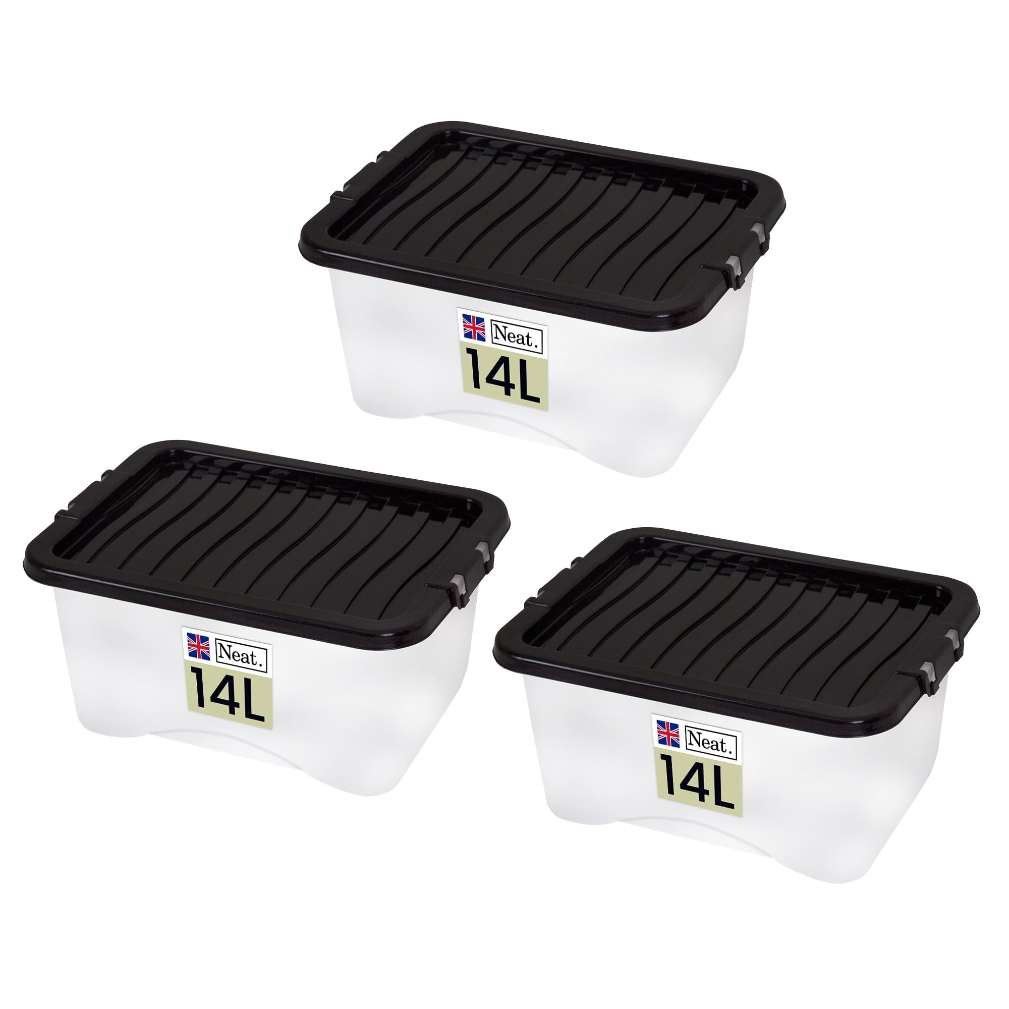 Neat. Plastics 14L Heavy Duty Storage Box, Clear Base, Black Lid - Organise Easily with Plastic Storage Box, Ideal Clear Boxes for Storage, Durable Plastic Boxes with Lids Storage, Pack of 3
