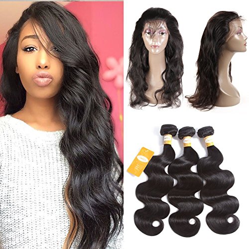 Ossilee Hair 10A Grade 360 Lace Frontal Closure with Bundles Malaysian Body Wave Hair Bundles with 360 Lace Frontal Unprocessed Human Hair Bundles with Frontal (12 14 16+10 360frontal, Natural Color)
