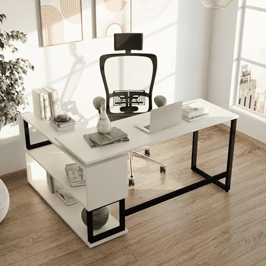 Riyan Luxiwood® L Shape Executive Desk with Storage Shelves, Two Tier