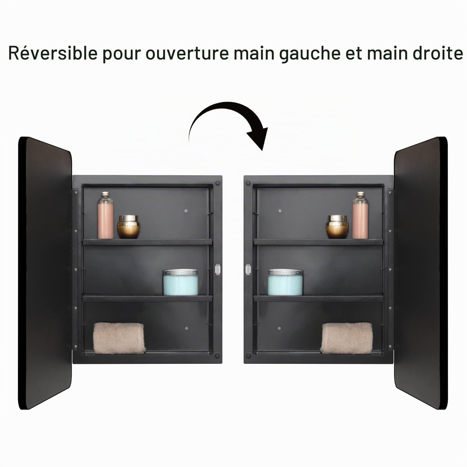 Fundin Armoire à pharmacie en plastique noir, porte miroir à bords biseautés avec cadre en métal à coins ronds, armoire à pharmacie encastrée et montage en surface, miroir de 40,6 x 61 cm
