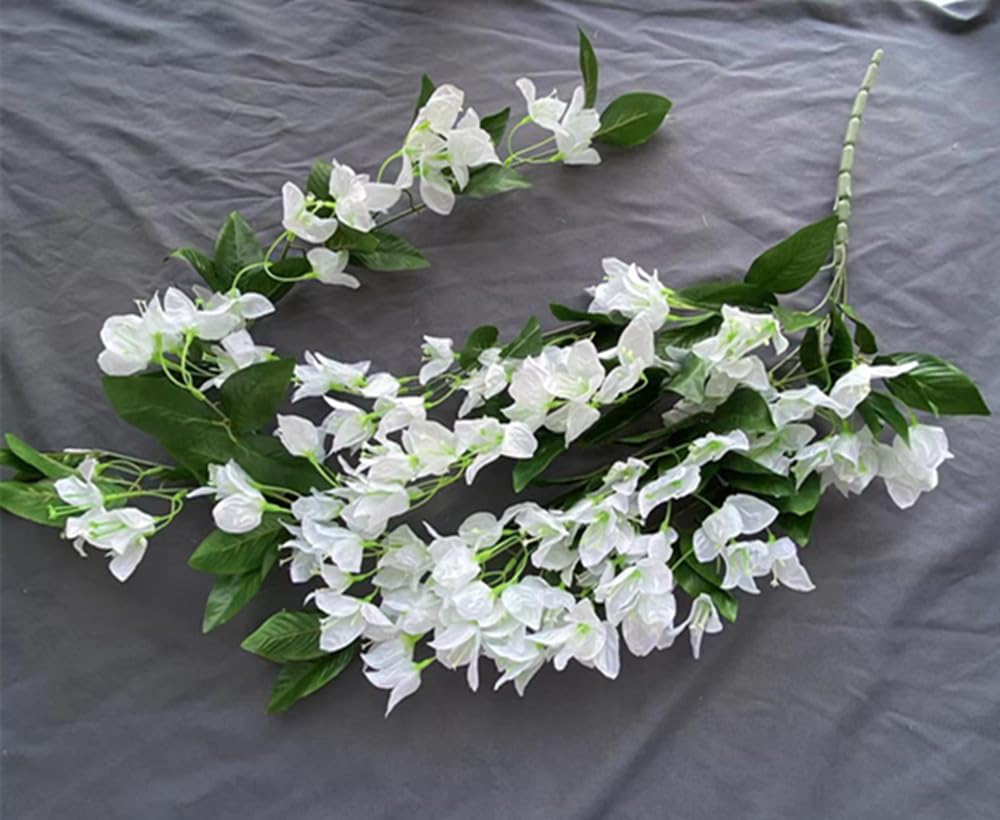 One Artificial Bougainvillea Glabra Wall Hanging Flower Bunch 120cm Long Silk Bougainvillea Spectabilis Bunch Five Branches/Piece 140 Flower Heads for Wedding Floral Decoration (White)