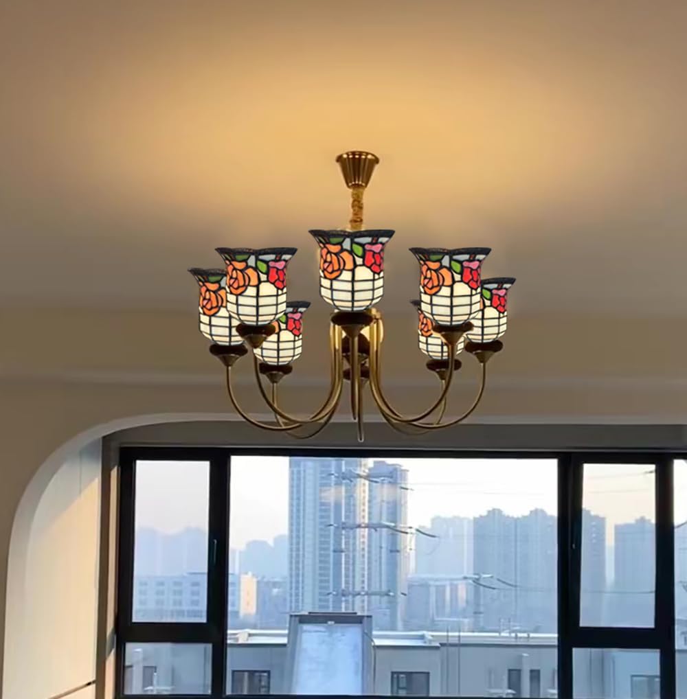 tiffany stained glass replacement lampshade.Rose flower patten ，Fan lamp replacement lampshade.Suitable for bedrooms,studyrooms,corridors and wall lamps.DYM9018
