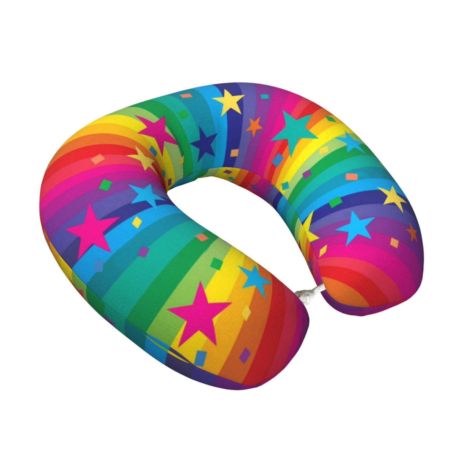 LKYMOH Rainbow And Stars Confetti Rays, Travel Neck Pillow U-Shaped Memory Neck Support Soft Comfortable With Washable Cover For Airplane Car Traveling and Office