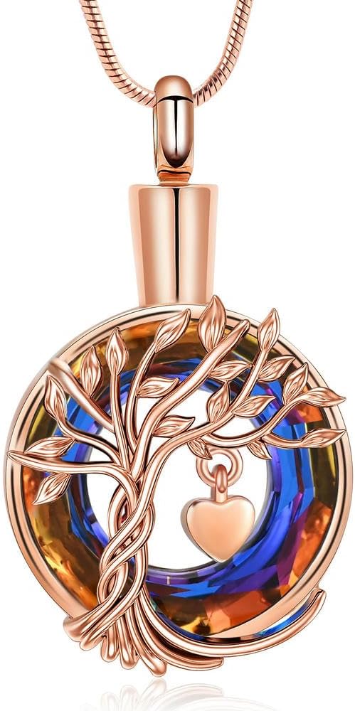 Tree of Life Memorial Ashes Lockets, Cremation Jewelry Keepsake Pendant for Ashes for Women for Men-Silver Pink