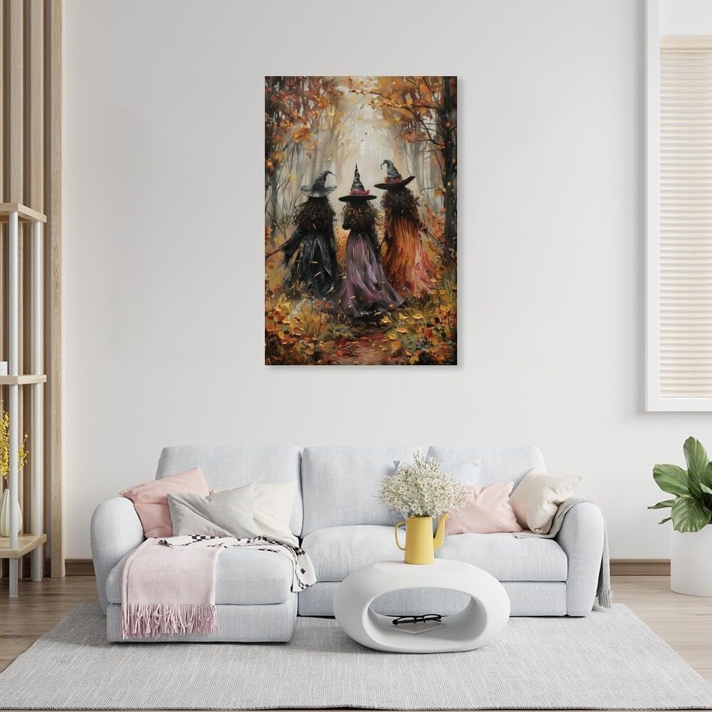 Horror Halloween Decor Wall Art Print Three Witches In The Forest Vintage Posters Decor Autumn Beautiful Witches Forest Canvas Printing For Living Room Bedroom 12x18inch Framed - Image 4