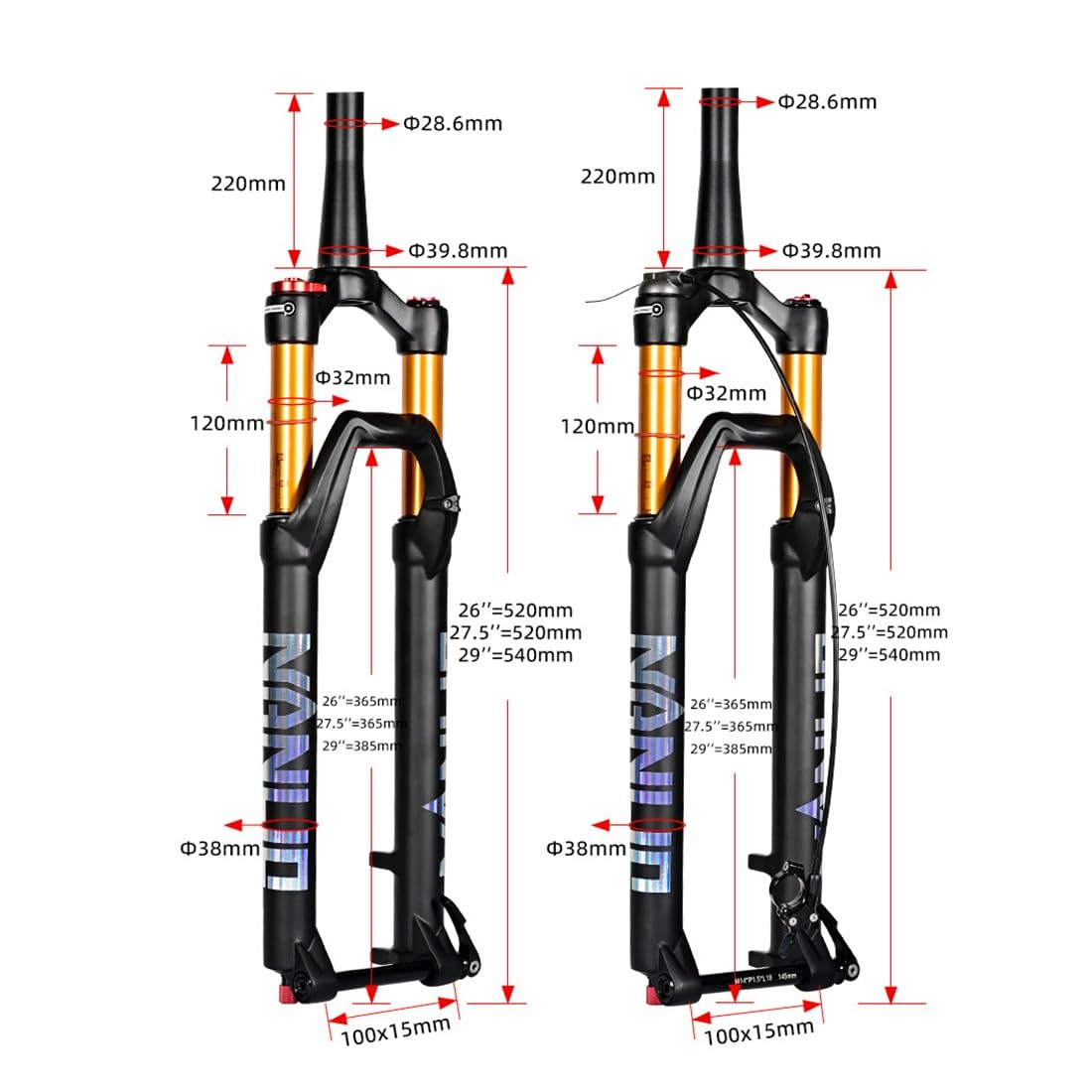 Przedni widelec amortyzowany powietrzem do roweru górskiego ze stożkową rurą, 39,8 mm, przedni widelec MTB, oś 15 mm × 100 mm, regulowana odbicie, skok sprężyny 120 mm, amortyzator gazu, nadaje się do